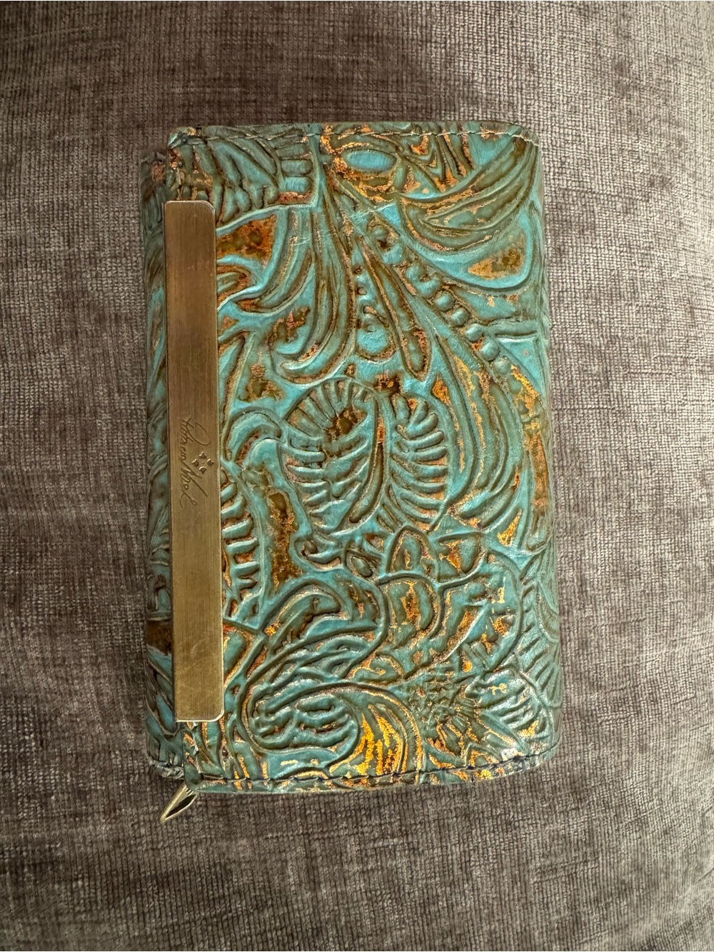 Patricia Nash Teal Embossed Leather Wallet with Brass Accent